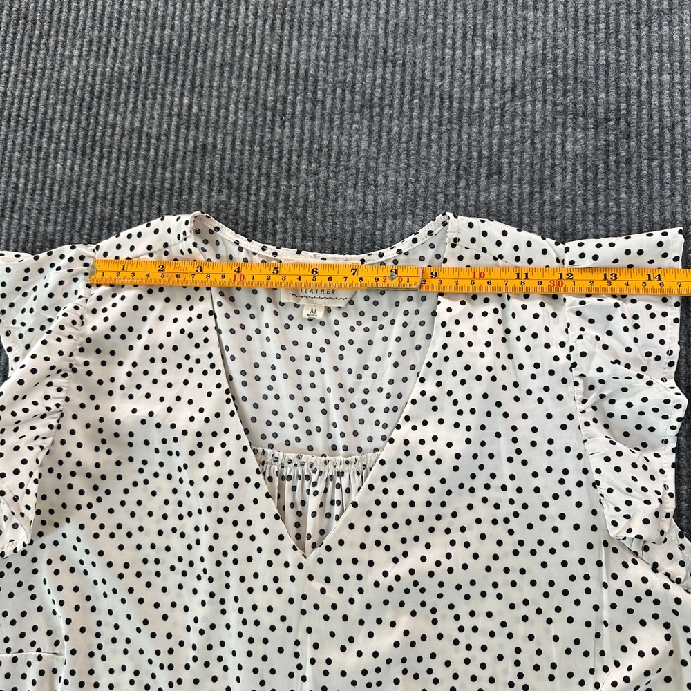 Flower & Feather Polka Dot Ruffle Shoulder Blouse Top Size M White Black V-Neck - Picture 5 of 10